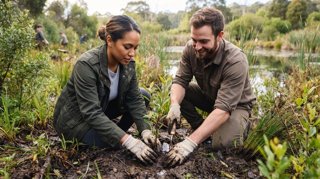 Couple planting native trees for ecological restoration project near wetland