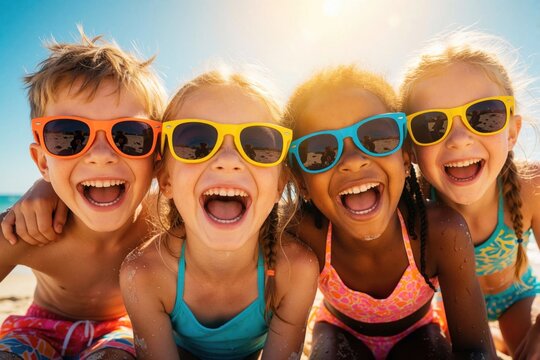 Four diverse kids laugh ecstatically wearing colorful sunglasses on a sunny beach. Children enjoy summer vacation with pure joy, showing happiness and carefree fun by the ocean.