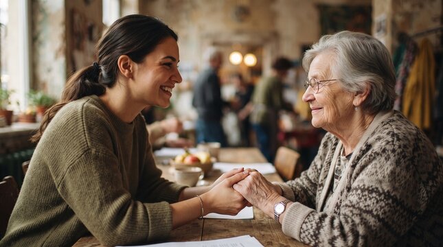 Young woman holding hands with elderly grandmother at wooden table indoors