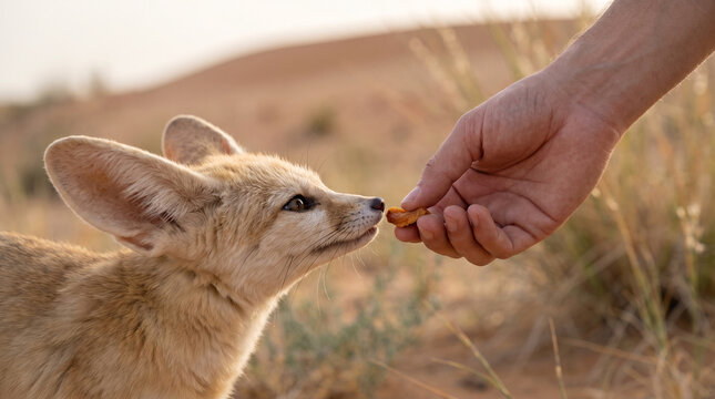 Fennec fox eating from human hand in desert landscape
