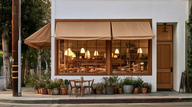 charming vintage bakery cafe storefront warm lights large window display potted flowers sidewalk table chairs cozy small business shop exterior architecture classic street facade design banner