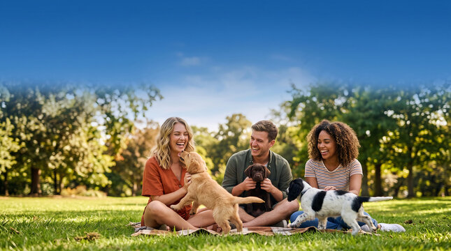 Happy people enjoying park picnic with playful puppies on sunny day