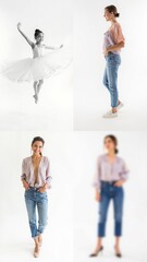 Fototapeta premium A woman in jeans and pink shirt background backgrounds figure cartoonish design emotion elements composition creative scene colorful expression motion gesture layers depth frame illustration