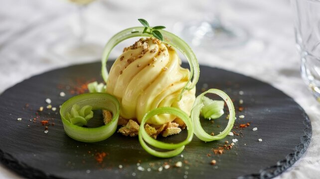 Danish cuisine, the dish &AElig;blemost dessert (or Apple mousse dessert) &mdash; apple mousse on a black slate dish, garnished with thin rings of fresh apple, nut crumbs and herbs.