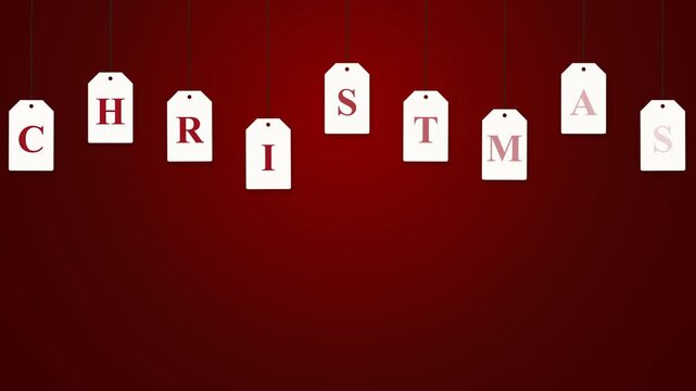 White Christmas Gift Tags Spelling Festive Word on Deep Red Background for Holiday Greeting