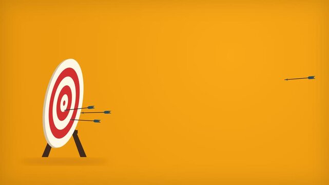 Minimalist 3D illustration of a target board with darts flying towards the center on a bright yellow background symbolizing success and precision