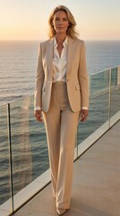 Fototapeta premium Mature businesswoman in beige suit walks on balcony terrace overlooking ocean at sunset. Elegant woman poses with confident ambition near sea horizon at dusk, lifestyle career.