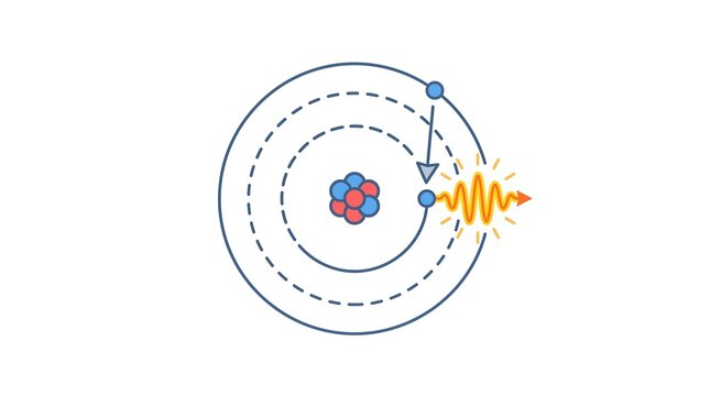Bohr model of atom showing electron emission of photon during energy level transition