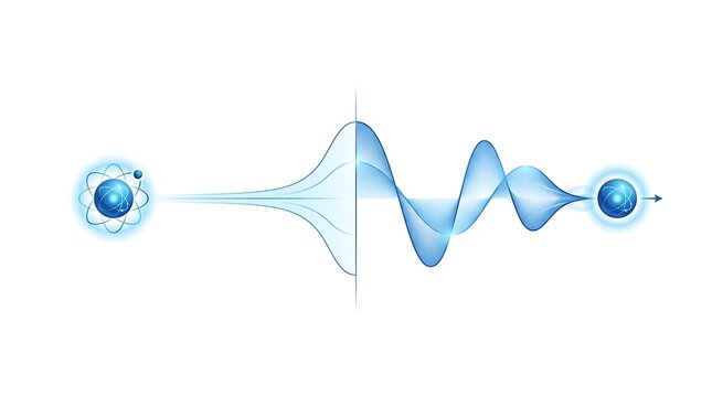 Wave particle duality of an atom showing quantum superposition and wave function propagation in a futuristic digital rendering