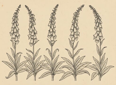Five foxglove stems form a graceful rhythm in an antique floral frieze