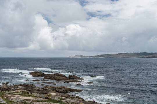 View of the Camari&ntilde;as Estuary with Cabo Vil&aacute;n and Faro Vil&aacute;n from Punta da Barca, Mux&iacute;a, Galicia, Spain