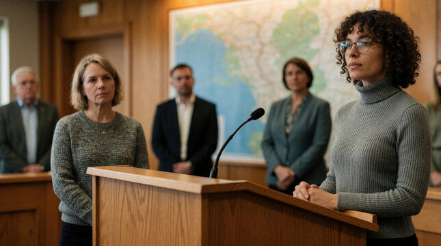 Woman speaks at podium before council, officials look doubtful. Map behind, discussion about local issues and environment. People listen attentively.