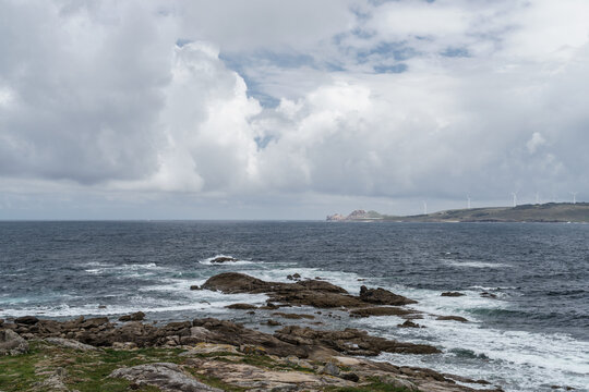 View of the Camari&ntilde;as Estuary with Cabo Vil&aacute;n and Faro Vil&aacute;n from Punta da Barca, Mux&iacute;a, Galicia, Spain