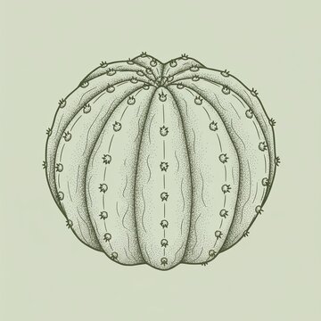 Rounded cactus with delicate radial spines in a restrained botanical illustration