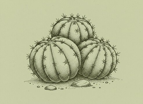 Three rounded cacti cluster above pebbles in an intricate desert vignette