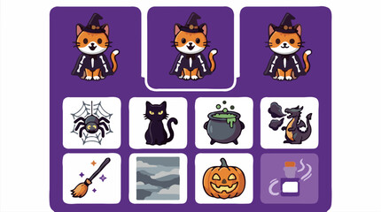 Obraz premium Cute Halloween icon set with cat, spider, cauldron, dragon, pumpkin, broom, and potion
