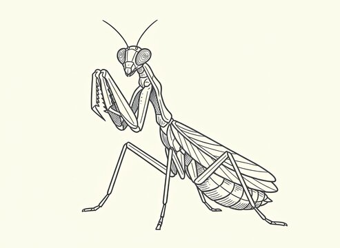 Landscape composition of a hunting mantis with spined forelegs raised, shaded with fine hatching
