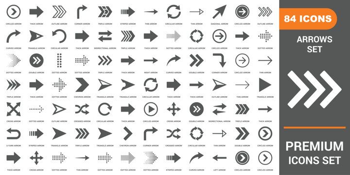 Comprehensive set of eighty four various arrow icons featuring different directions and styles in a minimalist black line format