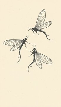 Scientific style illustration of three mayflies with long cerci, veined forewings and segmented bodies