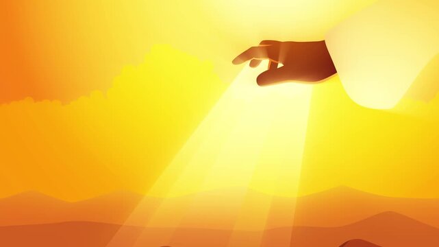 Biblical motion graphic of the third day of God's creation in Genesis, dry land emerges from the waters and vegetation appears under divine light.
