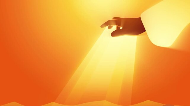 Biblical motion graphic depicting Genesis Day 2, with divine light, clouds, sky and a symbolic hand of God creating the firmament over the earth.