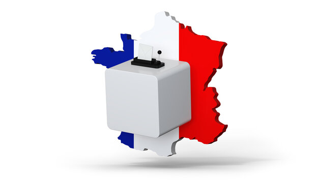 &Eacute;lection pr&eacute;sidentielle en France, urne de vote grise et carte tricolore, rendu 3D