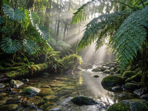 Majestic rainforest stream flows gently through mossy rocks under bright ethereal morning sunlight beams filtering down