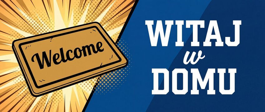 Welcome home mat banner graphic illustration featuring comic pop art style doormat with Polish text Witaj w Domu greeting background for real estate interior decoration landing page hero image