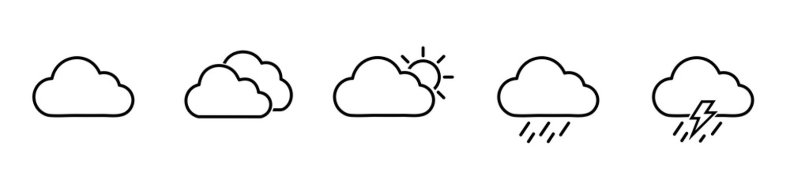 Weather cloud icon set with cloudy, rainy and thunderstorm symbols. Weather condition line icons for forecast apps, websites and widgets