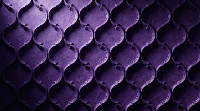 Intricate purple Moroccan quatrefoil pattern background wallpaper with embossed texture. Elegant geometric design ideal for luxury decor or invitations. Decorative Arabesque motif.