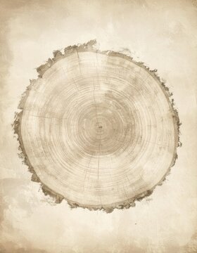 Concentric tree rings radiating from the pith to a rough bark edge, aged photographic print