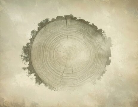 Round tree ring slice with radial cracks and leafy branches clinging to its rim, faded vintage print
