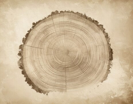 Sawn log end with deep splits and dense growth rings spanning many decades, rich brown sepia print