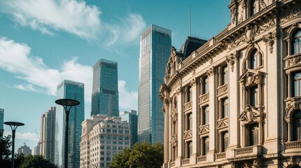 Obraz premium Old classical building facade stands against modern skyscrapers. Urban cityscape features historic architecture, tall glass towers under blue sky. Contrast between old, new city structures creates