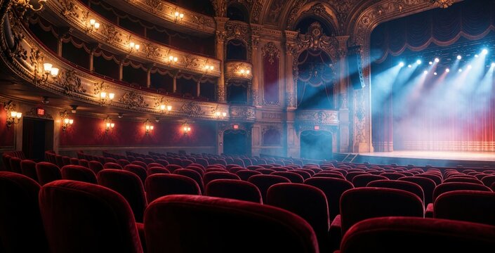 Grand vintage theater interior with red velvet seats and ornate balconies. Stage lights illuminate fog on the empty performance hall. Ready for showtime.