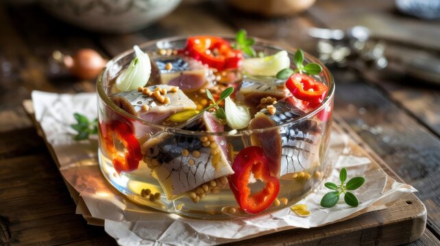 Danish cuisine, the dish Pickled herring (Marinerede sild) &mdash; an appetizer made from pieces of herring marinated in a sweet‑spicy vinegar brine with the addition of onions, pepper, and spices.