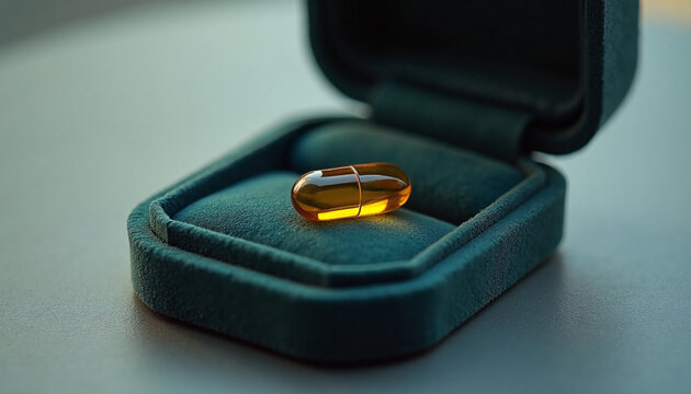 Golden medicine capsule placed inside an open luxury velvet jewelry box on a flat surface. health is value concept