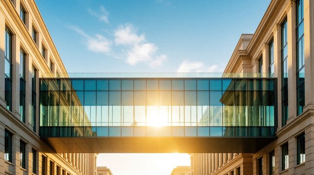 Stone office building with classical details connects to modern glass walkway skybridge. Sun shines through windows, reflecting on walkway surface, creating bright light flare.