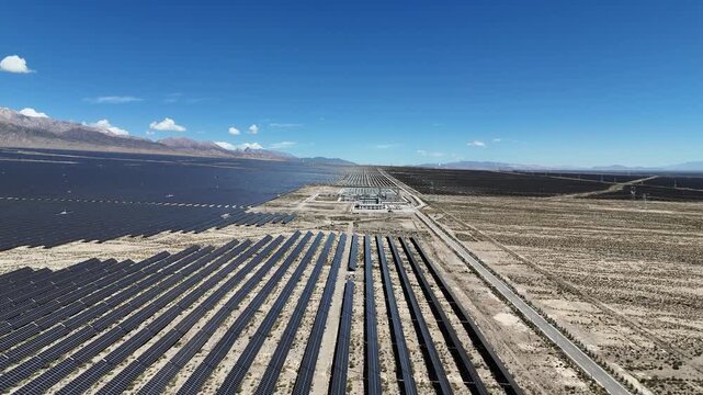 Panoramic view of photovoltaic energy storage power station under blue sky