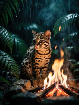 Spotted oncilla cat near campfire in rich forest during rain. Wild feline sits on rocks by fire in jungle at night. Animal shelters from storm.