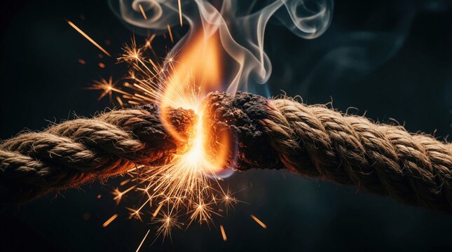 Thick rope ignites with bright sparks and orange flame. Smoke rises as fuse burns creating danger. Close-up macro view shows intense heat and explosive energy.