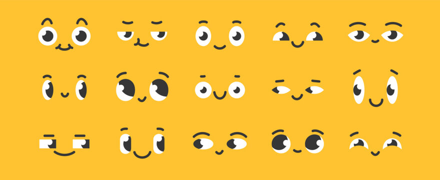 Cartoon funny eye expressions comic faces. Playful emotions and smiling character features, cute doodle emoticons looking sight vision elements, graphic design mascot parts