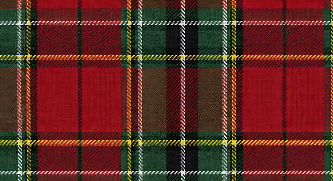 Traditional Scottish tartan plaid fabric pattern in red, green, black, and yellow