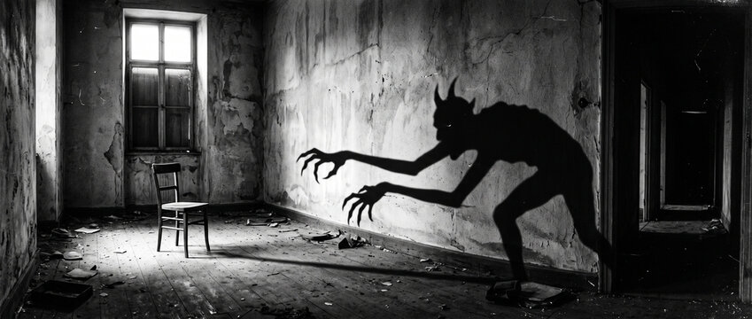 Sinister humanoid monster shadow crawling across the wall of a derelict room toward a solitary chair, long thin arms ending in exaggerated claw-like fingers, supernatural horror, demonic presence, nig
