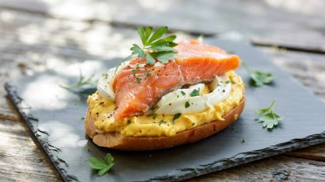 Danish cuisine, Sm&oslash;rrebr&oslash;d med laks og r&oslash;r&aelig;g is a Danish open sandwich on a slice of bread with a delicate scrambled egg, lightly salted salmon and fresh herbs.