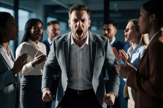 Angry boss shouts at diverse employees during office meeting. Colleagues react with shock and fear to aggressive outburst. Tension rises in corporate environment, team conflict escalates.