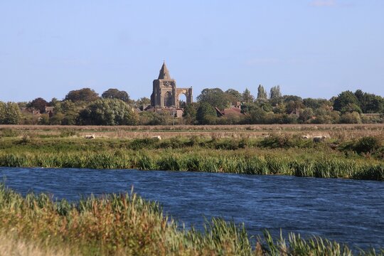 The River Welland and Crowland Abbey, Holland, Lincolnshire.