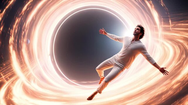 Astronaut floating near massive black hole in deep space. Cinematic panning shot of man drifting through cosmos toward event horizon.