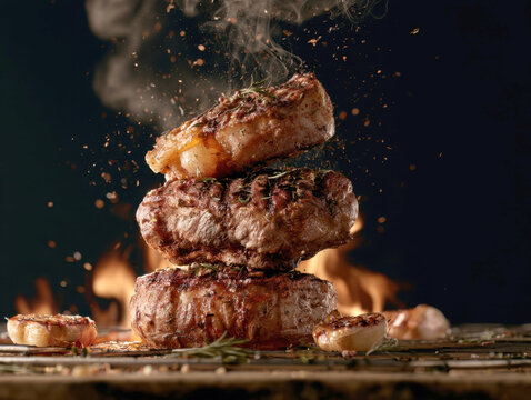 stack of grilled beef steaks with smoke and sparks on barbecue grill over open fire background, delicious meat barbecue cookout culinary food presentation with garlic and herbs macro shot