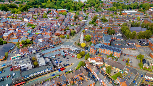 High angle drone shot of Leek town center clock tower